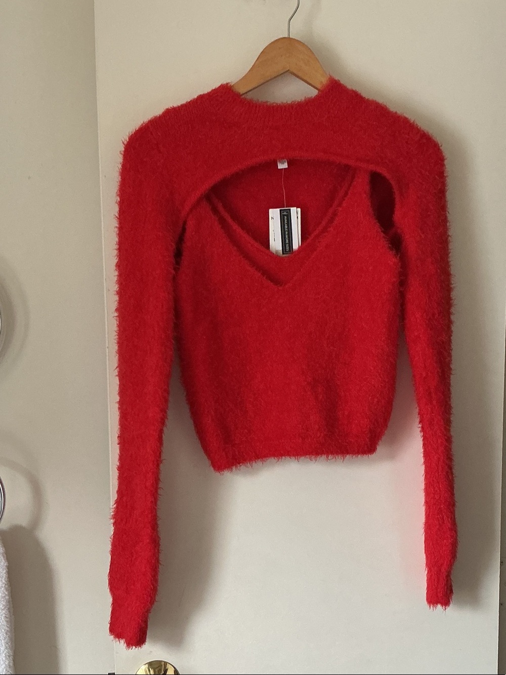 BP. Red Fuzzy V-Neck Women's Sweater